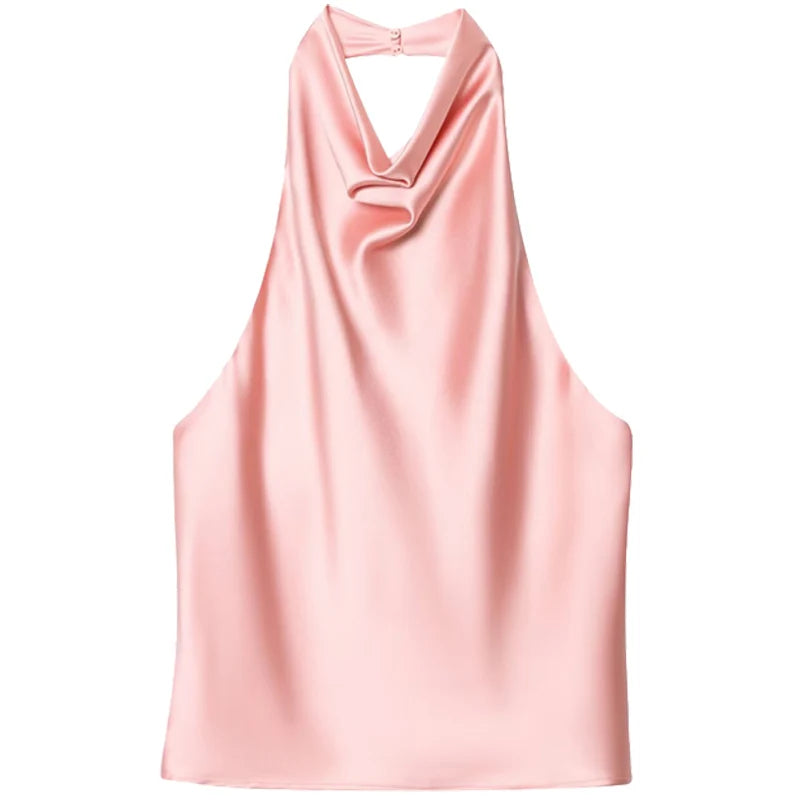 HXAO Satin Halter Top Women Summer 2025 Black Yellow Tanks & Camis Crop Smooth Off Shoulder Tank Top Sleeveless Backless Vests