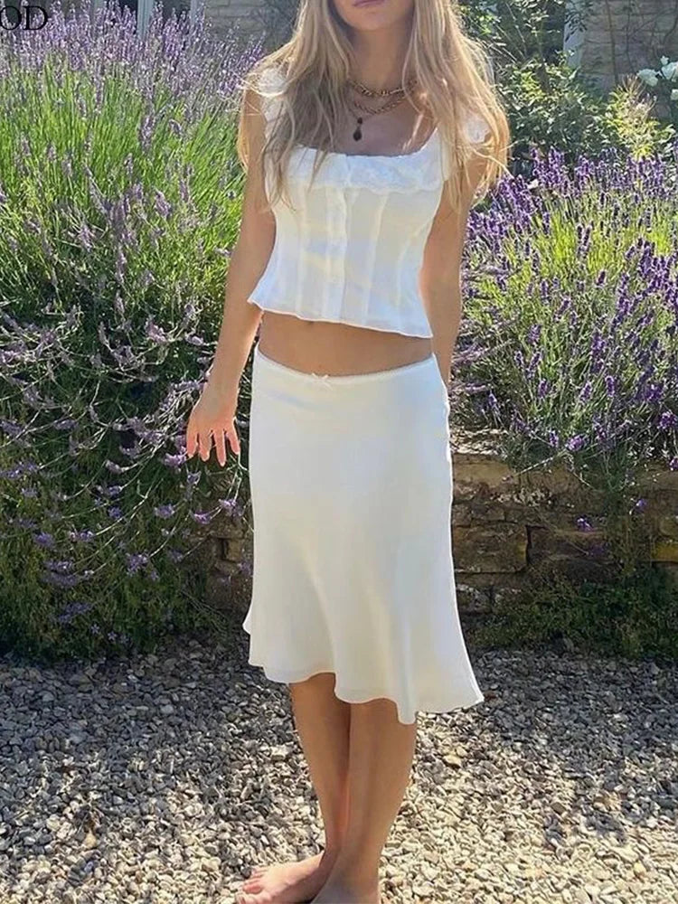 Foridol White Lace Summer Women Set Sleeveless Crop Top+midi Skirt Outfits 2025 Beach Holiday Chic Vintage Sundress Dress Set