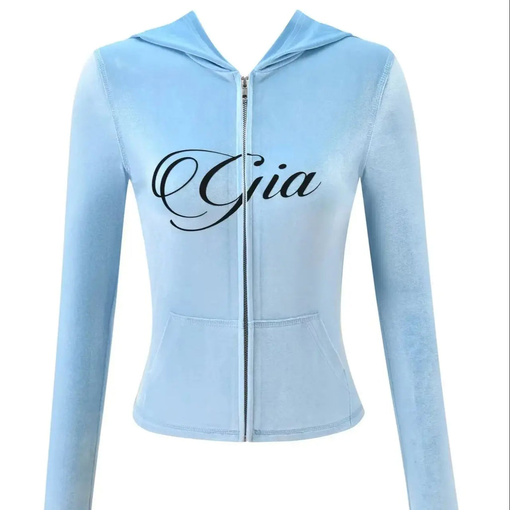 GIA New Velvet Zip-Up Hooded Jacket & Relaxed Loose Slim-Fit Pants Comfortable Minimalist Set in Blue