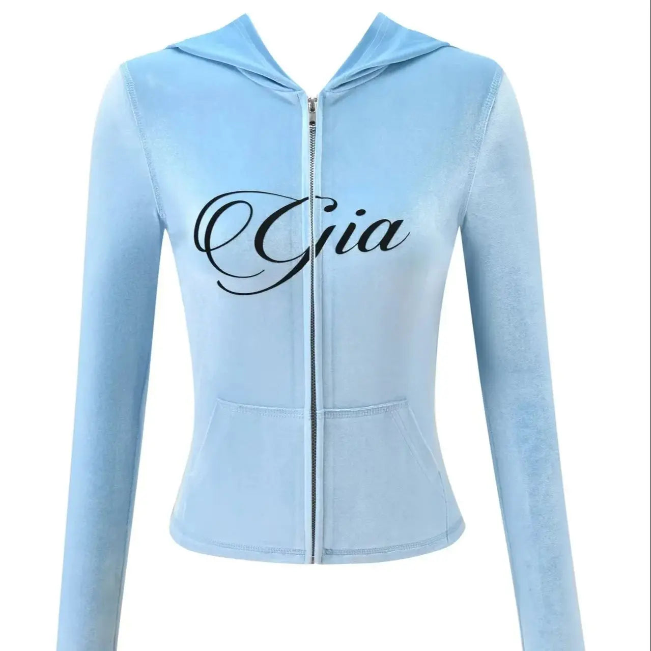 GIA New Velvet Zip-Up Hooded Jacket & Relaxed Loose Slim-Fit Pants Comfortable Minimalist Set in Blue