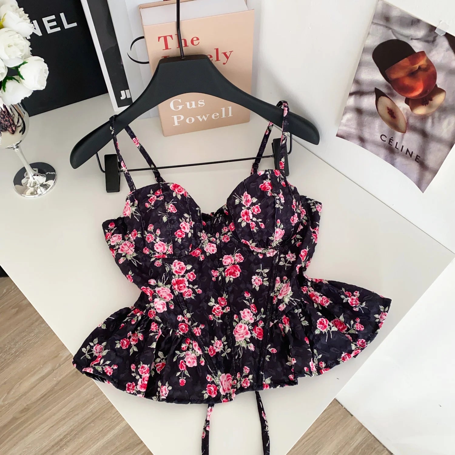 Sexy Slim  Corset ruffle print Chic Korean Camis Tank Top Basic Fashion Off Shoulder Summer Women Clothing