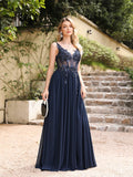 Spaghetti Straps Navy Blue A Line Evening Dresses 2025 Elegant Beaded Appliques Illusion Prom Gowns Formal Party Vestido De Gala