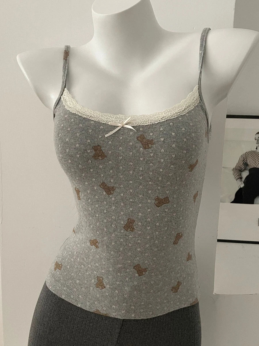 Floral Print Lace Trim Camis Women Summer New Bow Slim Sleeveless Crop Tops Vest Sweet Cute Sexy Preppy Style Tank Top Y2k Chic