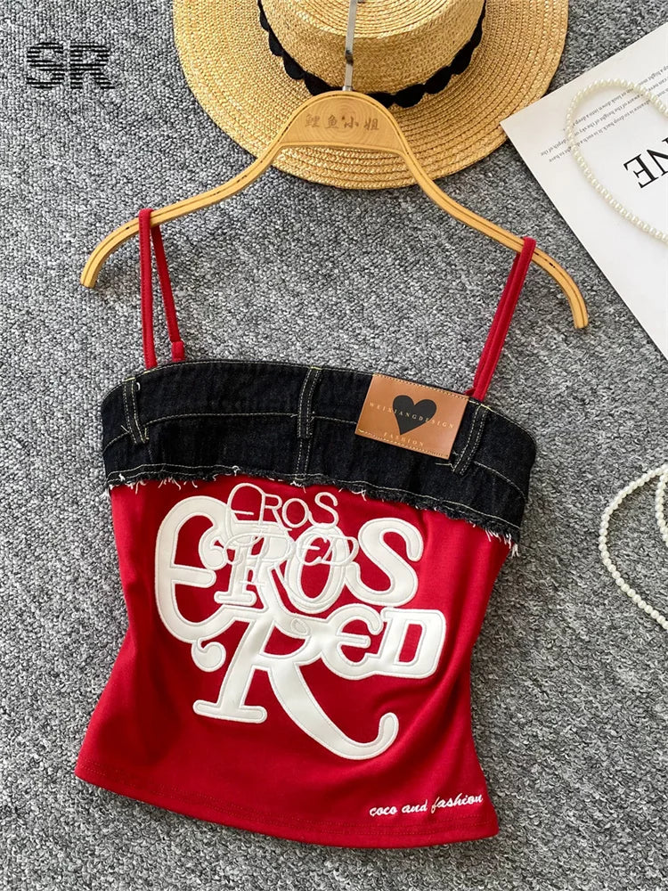 SINGREINY American Retro Y2k Strap Tops Letter Embroidery Denim Patchwork Fashion Design Women Hotsweet Streetwear Slim Crop Top