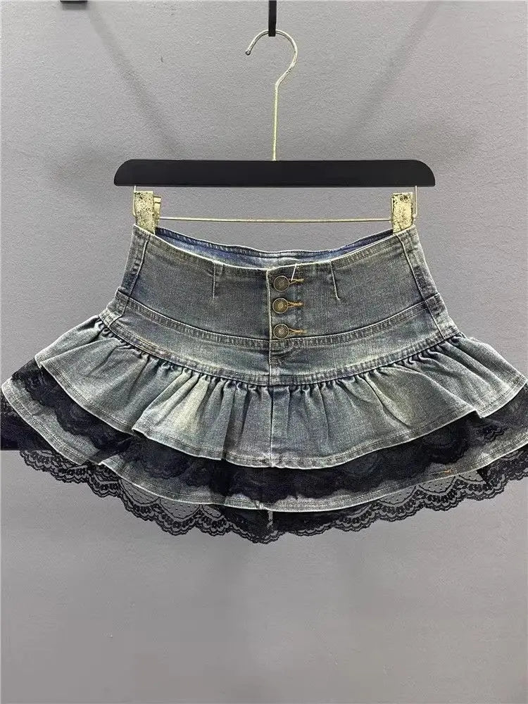 Woman Vintage Denim Pleated Skirt Lace Fold Design A-line Short Skirt Built in Shorts American Spicy Girl Korea Fashion Hotsweet