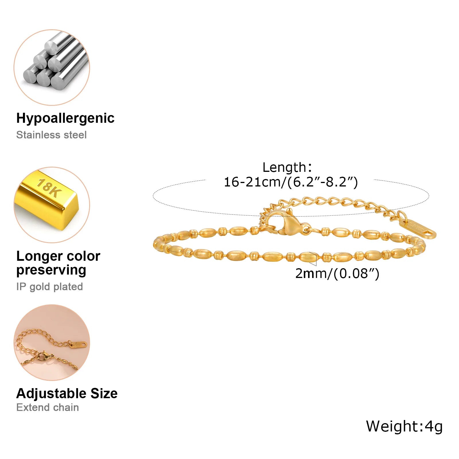18K Gold Plated Link Bracelet for Women, Stainless Steel Stackable Chain Wristband, Adjustable Waterproof Jewelry