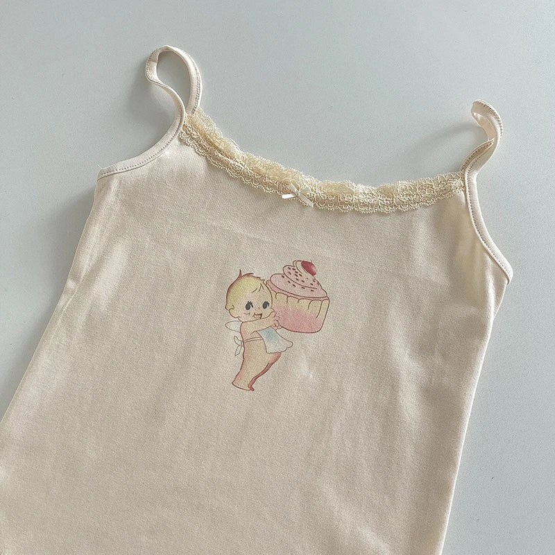 Cute Cartoon Lace Trim Tank Tops Women Summer New Slim Cotton Sleeveless Vests Vintage Sweet Preppy Style Camisole Y2K Clothes