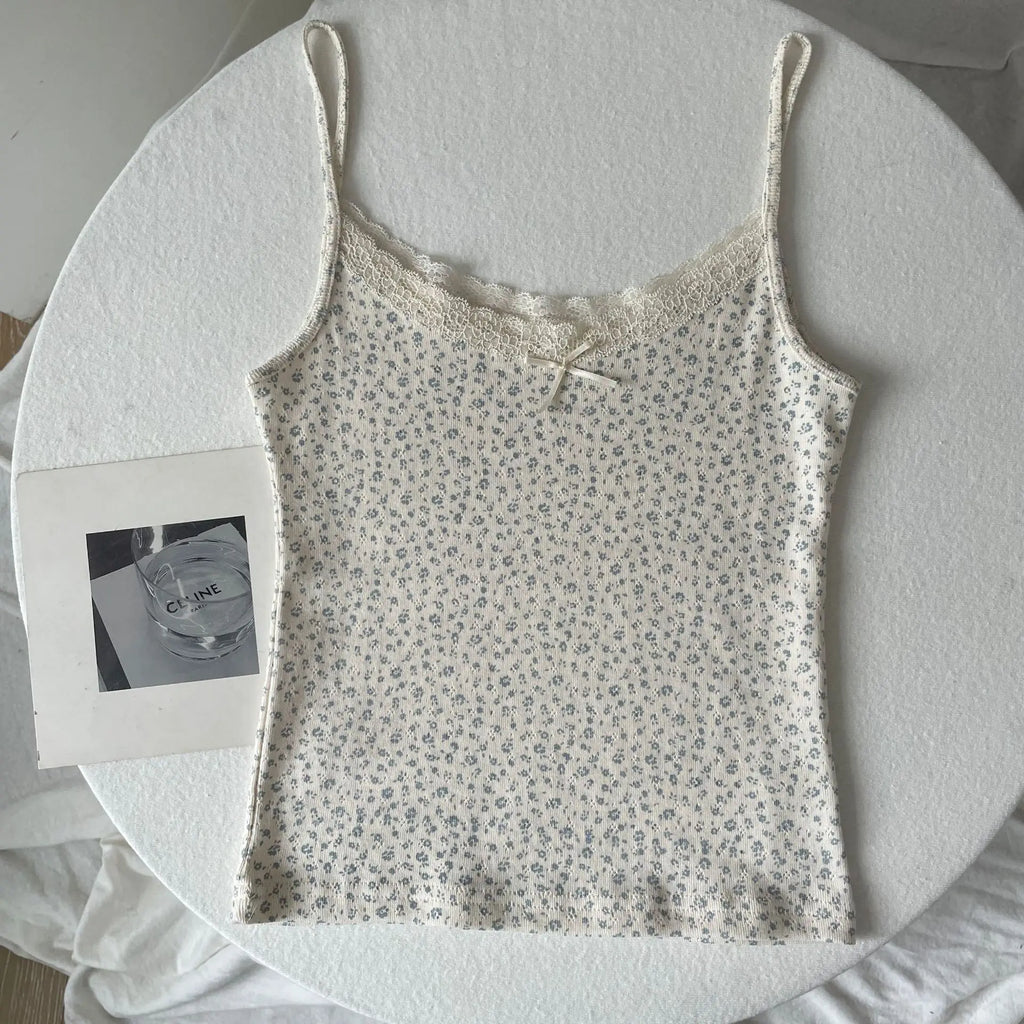 Floral Print Lace Trim Camis Women Summer New Bow Slim Sleeveless Crop Tops Vest Sweet Cute Sexy Preppy Style Tank Top Y2k Chic