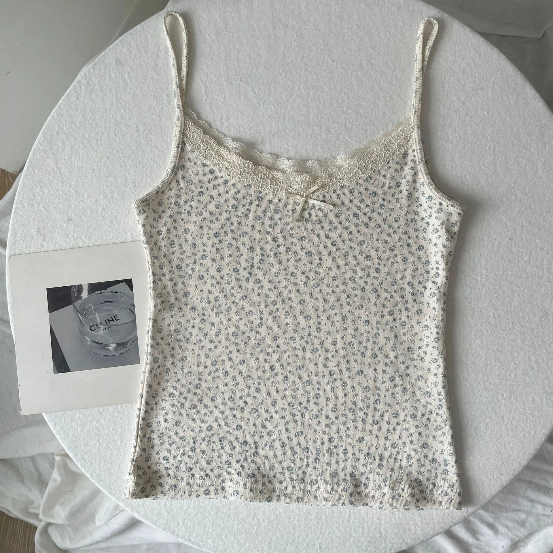 Floral Print Lace Trim Camis Women Summer New Bow Slim Sleeveless Crop Tops Vest Sweet Cute Sexy Preppy Style Tank Top Y2k Chic