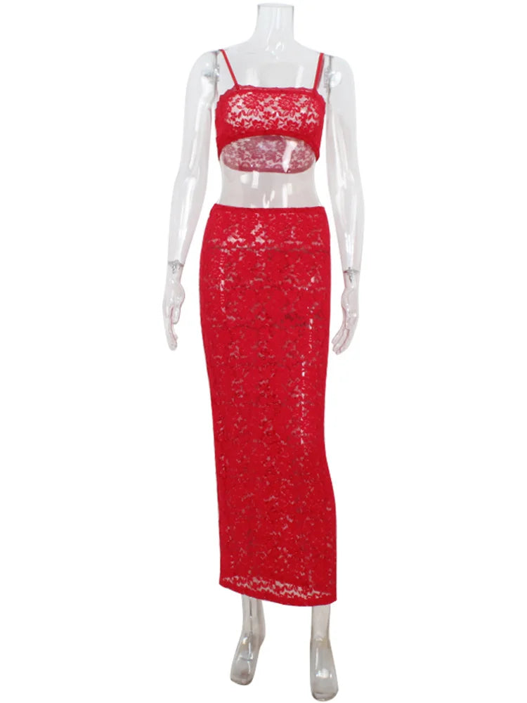 Ahagagag Sexy Lace Women's Sets Suits Fashion Straps Sheath Beach Style Sleeveless Backless Sheer Elegant Female Tracksuits