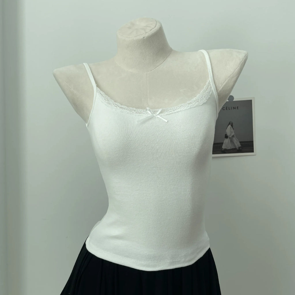 Floral Print Lace Trim Camis Women Summer New Bow Slim Sleeveless Crop Tops Vest Sweet Cute Sexy Preppy Style Tank Top Y2k Chic