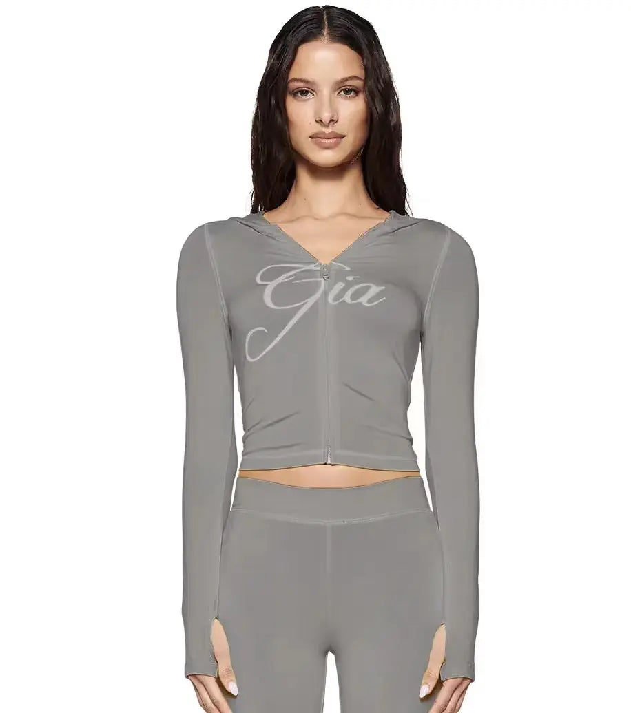 gia slim fit letter printed open thread design hooded zipper short jacket pants set