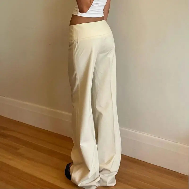 Vintage Y2K Korean Streetwear Pants Woman Low Rise Straight Loose Beige Trousers Button Up Basic 2000S Women Casual Pants