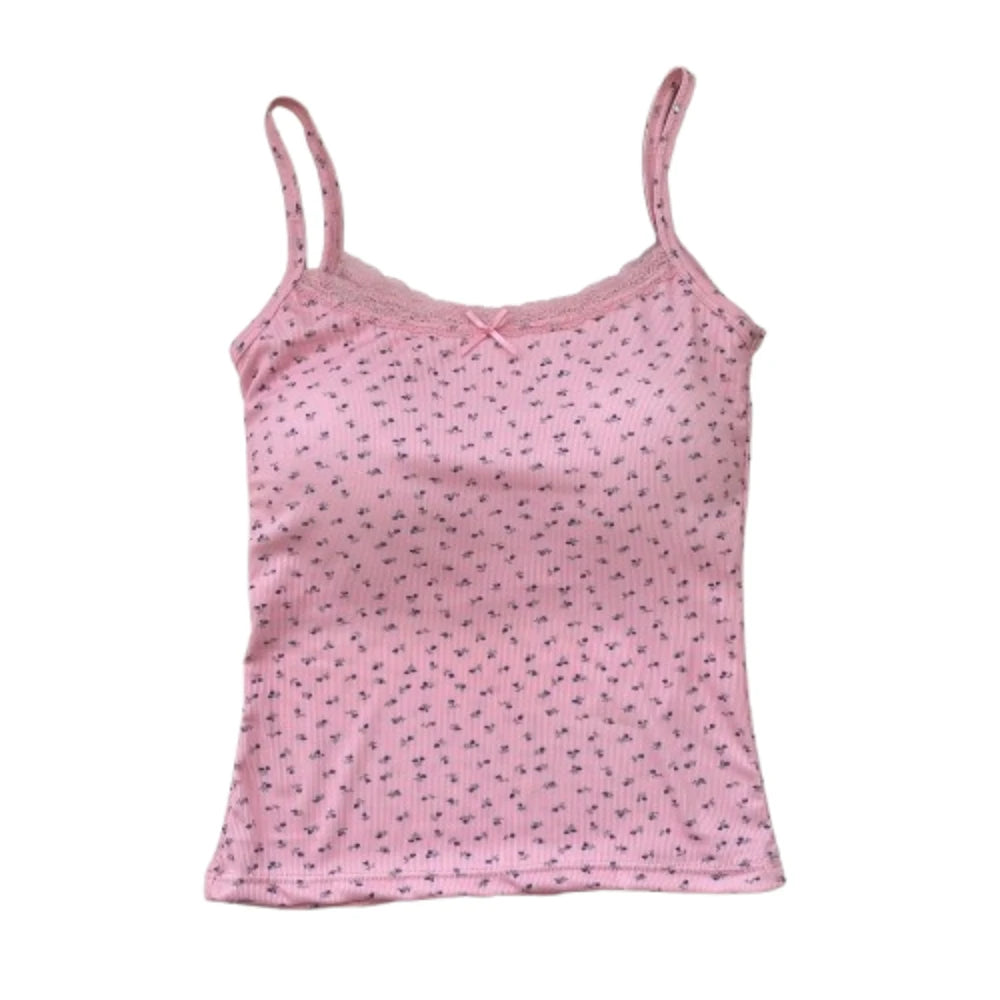 Elegant Sweet Floral Tank Tops Bowknot BM Style Lace Vest T-Shirt Bra Tops Casual Y2k Crop Top Spring Summer