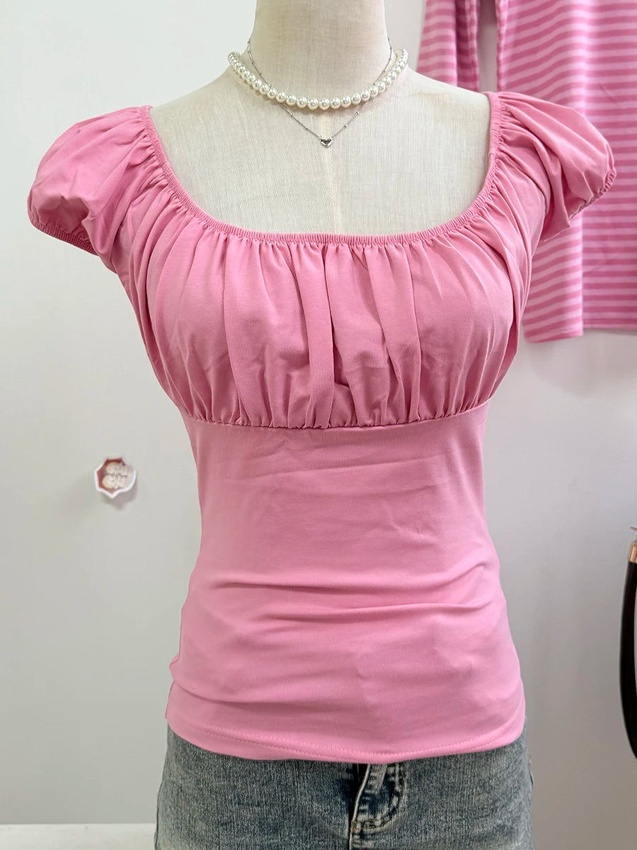 Pink Ruffle Slim Short Sleeve Tee Women Summer Square Collar Cotton Mesh Folds T-shirts Female Aesthetic Sweet Cute Y2K Tops New