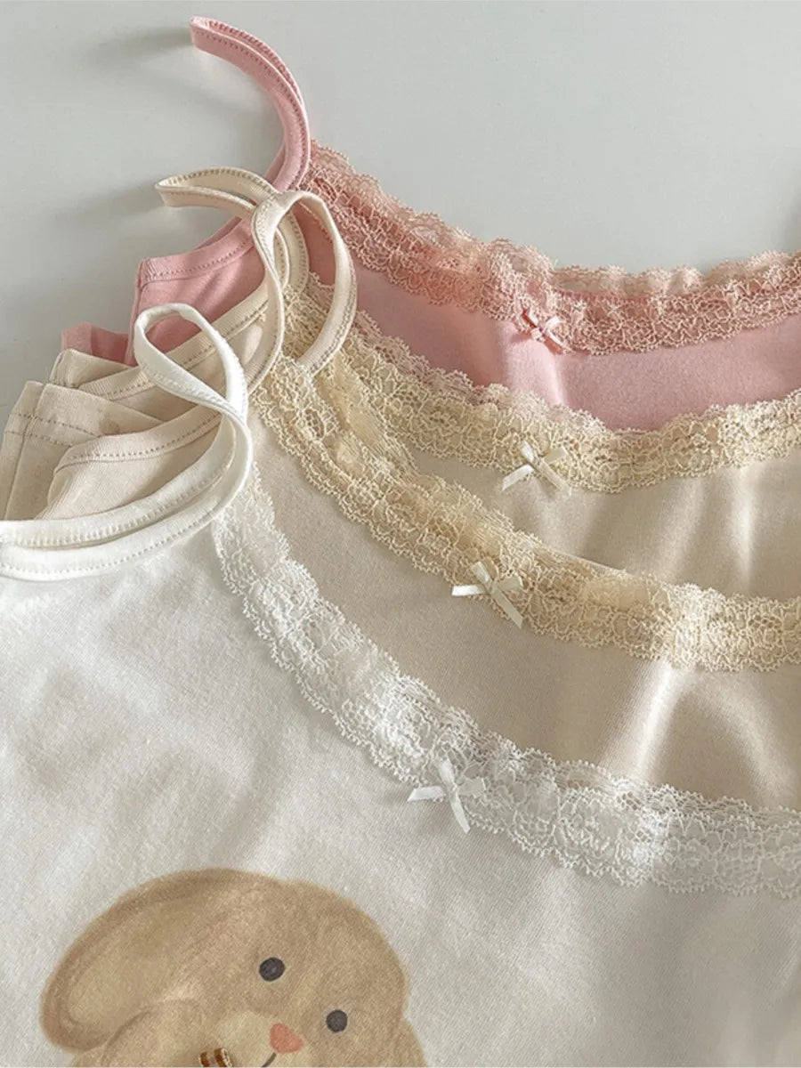 Cute Cartoon Lace Trim Tank Tops Women Summer New Slim Cotton Sleeveless Vests Vintage Sweet Preppy Style Camisole Y2K Clothes