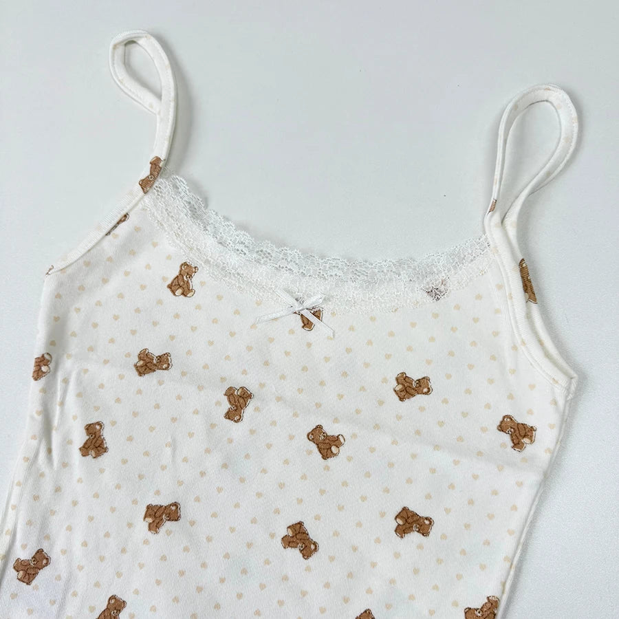 Cute Cartoon Lace Trim Tank Tops Women Summer New Slim Cotton Sleeveless Vests Vintage Sweet Preppy Style Camisole Y2K Clothes