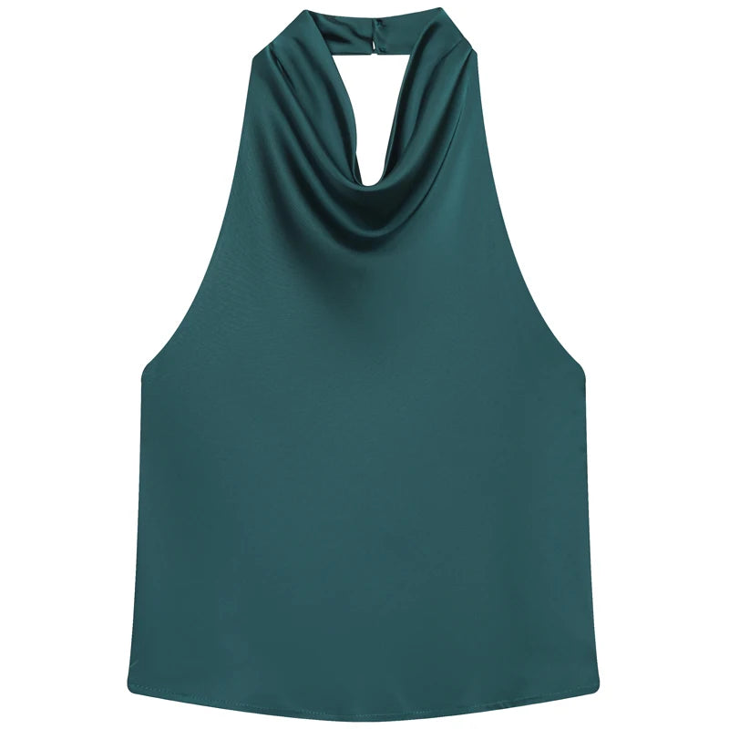 HXAO Satin Halter Top Women Summer 2025 Black Yellow Tanks & Camis Crop Smooth Off Shoulder Tank Top Sleeveless Backless Vests