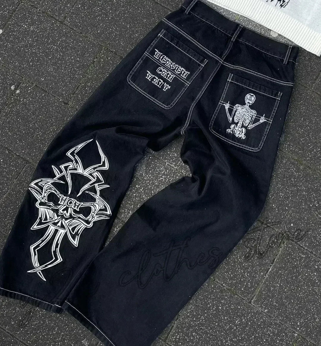 American Fashion Trend Joker Pattern Embroidered Loose Jeans Women Street Y2K New Hip Hop Oversized Wide-leg Pants Unisex Jeans