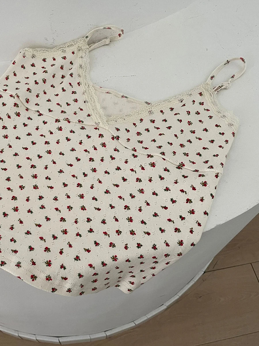 Floral Print Lace Trim Camis Women Summer New Bow Slim Sleeveless Crop Tops Vest Sweet Cute Sexy Preppy Style Tank Top Y2k Chic