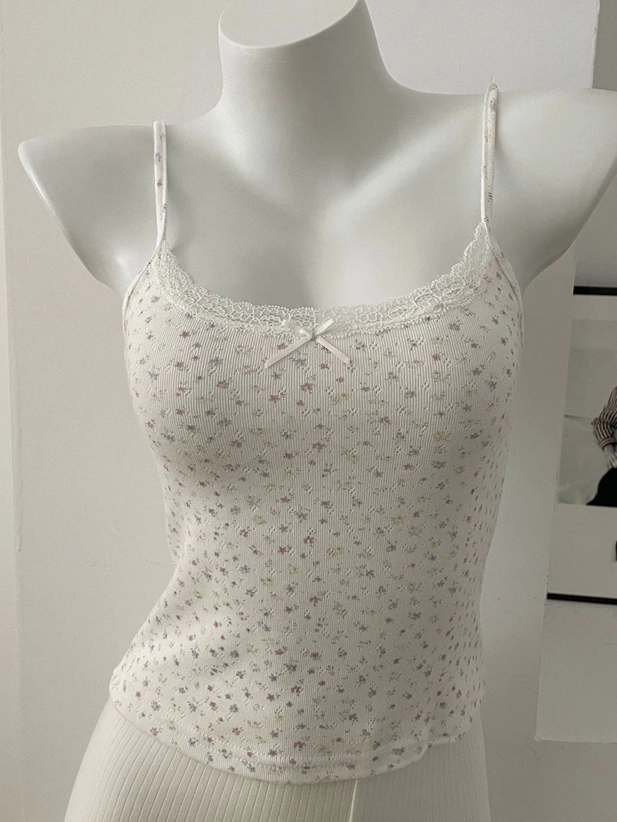 Floral Print Lace Trim Camis Women Summer New Bow Slim Sleeveless Crop Tops Vest Sweet Cute Sexy Preppy Style Tank Top Y2k Chic