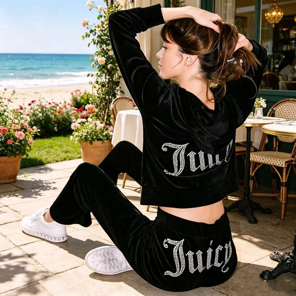 Fall Winter Women's Two-Piece Pantsuit Letter Rhinestone Hooded Jacket & Trousers Jogging Set Female Casual Slim 2 Pieces Sets