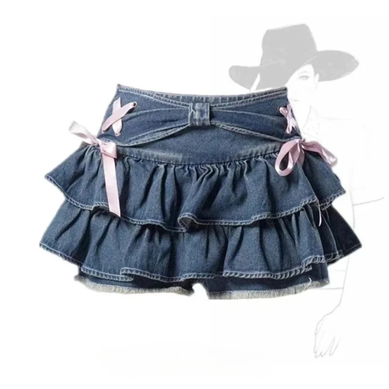 Woman Vintage Denim Pleated Skirt Lace Fold Design A-line Short Skirt Built in Shorts American Spicy Girl Korea Fashion Hotsweet