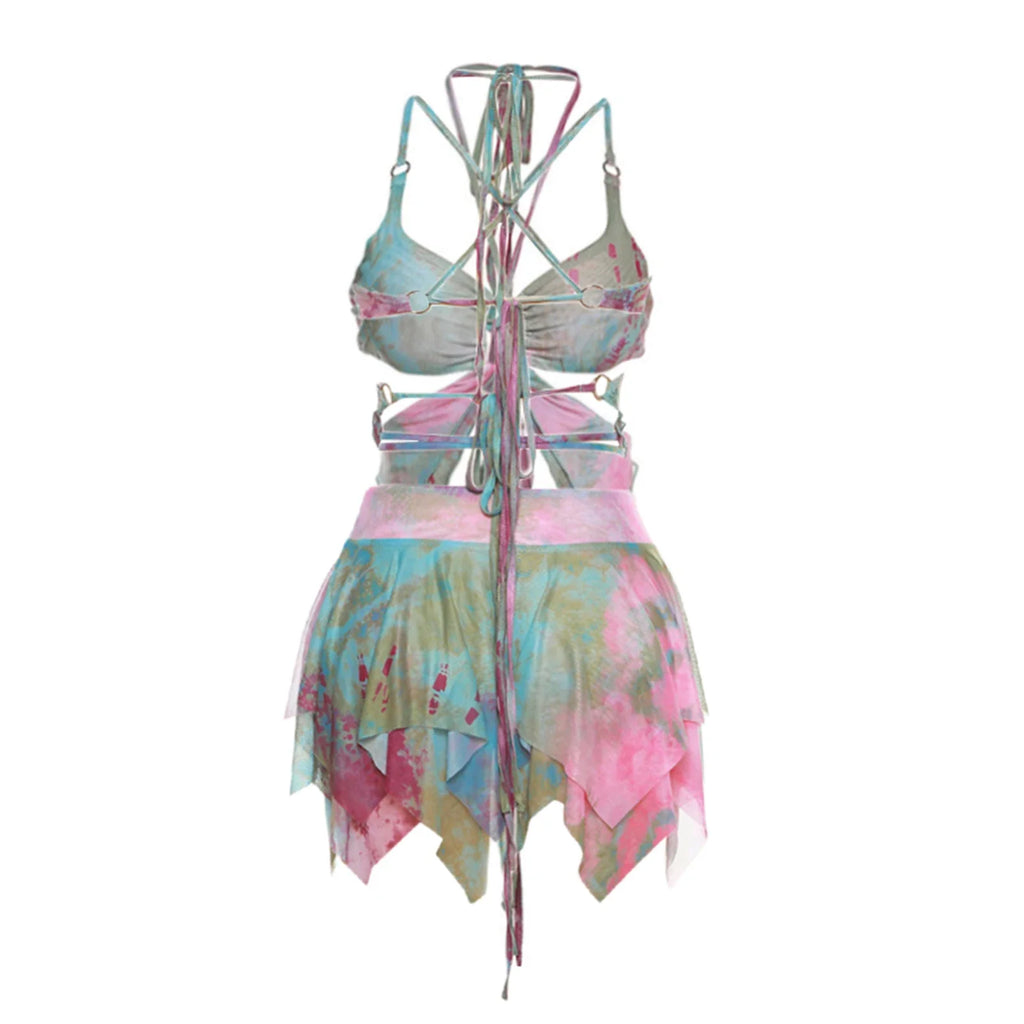y2k Aesthetic Butterfly Print 3 Pcs Skirts Set Long Flare Sleeve Shawl Halter Lace Up Sexy Top Pleated Skirt Summer Beach Outfit