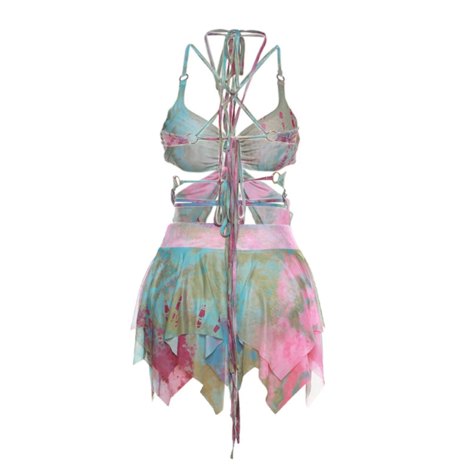 y2k Aesthetic Butterfly Print 3 Pcs Skirts Set Long Flare Sleeve Shawl Halter Lace Up Sexy Top Pleated Skirt Summer Beach Outfit
