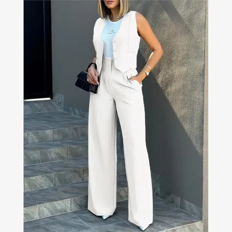 Fashionable Women's Casual Suit Set Wide Leg Pants Vest Two-Piece Outfit Chic Workwear Winter Office Ensemble for Middle-Aged...