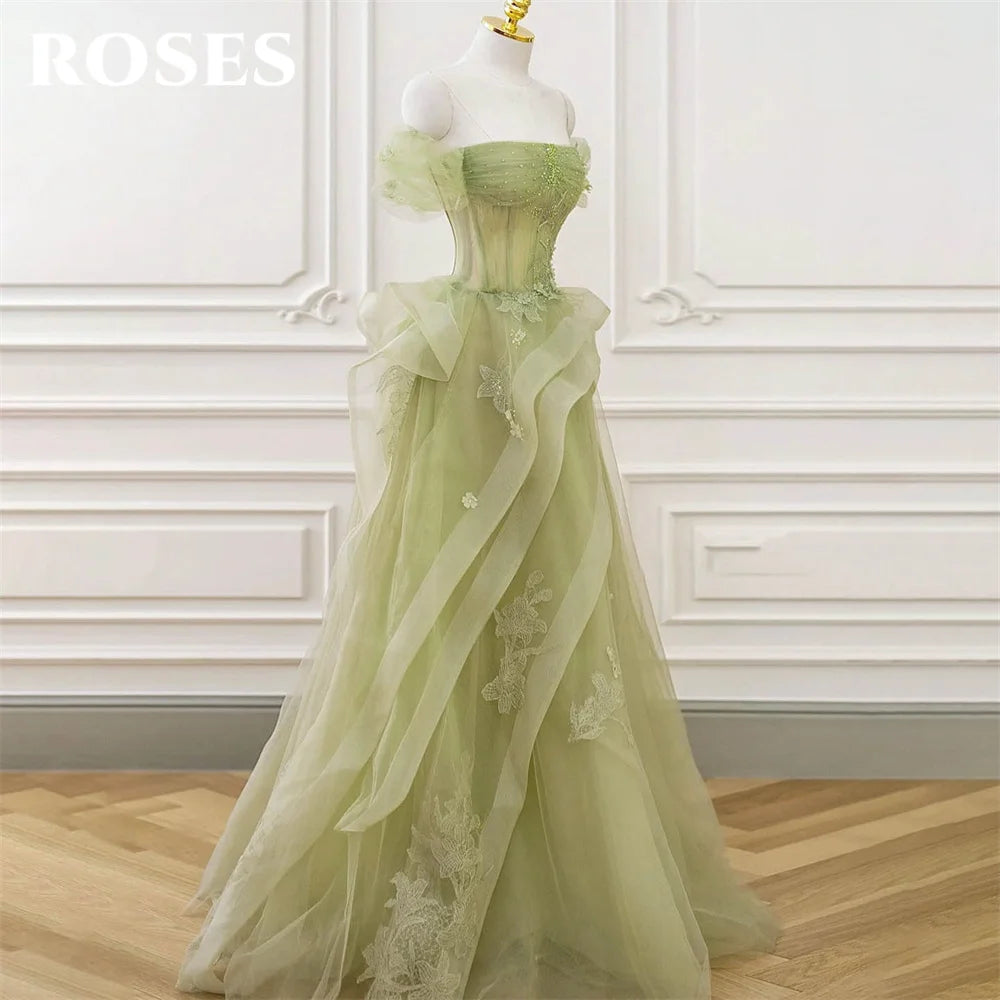 ROSES Sage Green Prom Dress Appliques Tulle Celebrity Dresses Tiered Pleat Women's Evening Dress Sweetheart Formal Gown 프롬 드