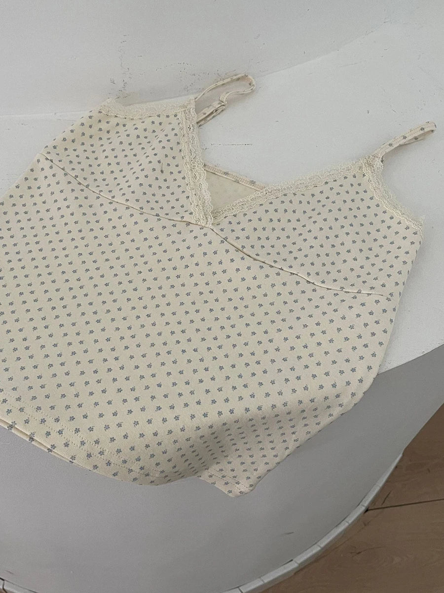 Floral Print Lace Trim Camis Women Summer New Bow Slim Sleeveless Crop Tops Vest Sweet Cute Sexy Preppy Style Tank Top Y2k Chic