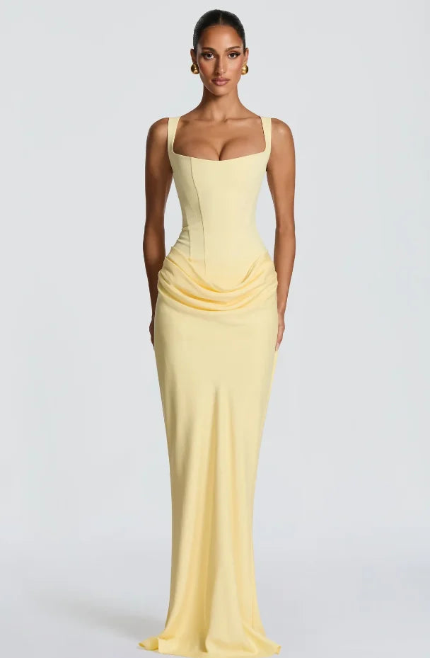 Yellow Strapless Pleated Women Split Maxi Dress Elegant Sleeveless Waist Cinching Slim Fit Dresses 2026 Lady Daily Party Gowns