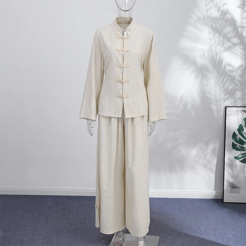 Cotton Lined Women's Pants Set Mandarin Collar Frog Button Full Sleeve Shirt Wide Leg Pant Suit Lady 2026 Spring Woman Outwear