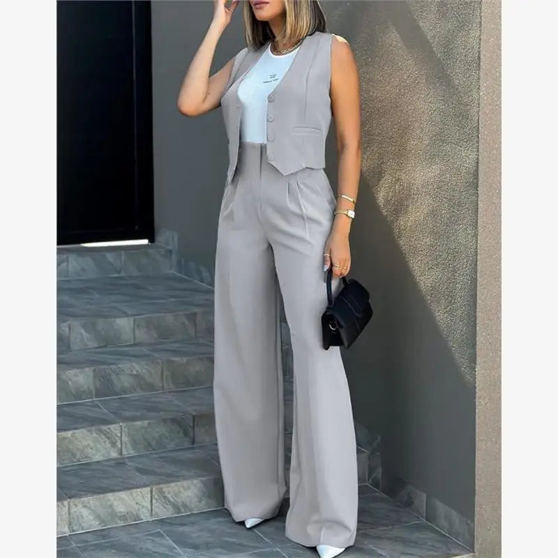 Fashionable Women's Casual Suit Set Wide Leg Pants Vest Two-Piece Outfit Chic Workwear Winter Office Ensemble for Middle-Aged...