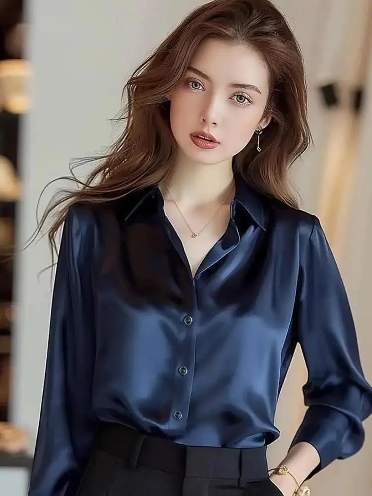 Elegant Silk Office Shirts Women Korean Fashion Y2k Clothes Slim Long Sleeve White Black Blusas Mujer Workwear Tops Blouses LS84