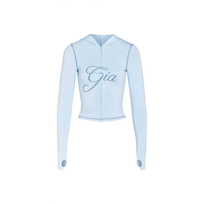 GIA New Velvet Zip-Up Hooded Jacket & Relaxed Loose Slim-Fit Pants Comfortable Minimalist Set in Blue