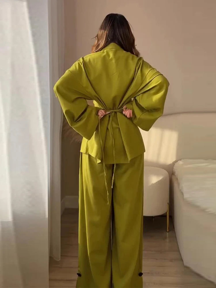 Cotton Lined Women's Pants Set Mandarin Collar Frog Button Full Sleeve Shirt Wide Leg Pant Suit Lady 2026 Spring Woman Outwear