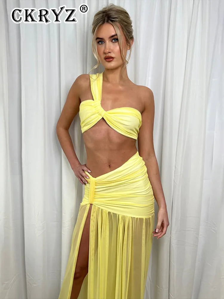 Ladies Summer Sexy Skirt Two Piece Sets Women One Shoulder Crop Top And Maxi Skirt Female Elegant Beach Club Party 2 Piece Set