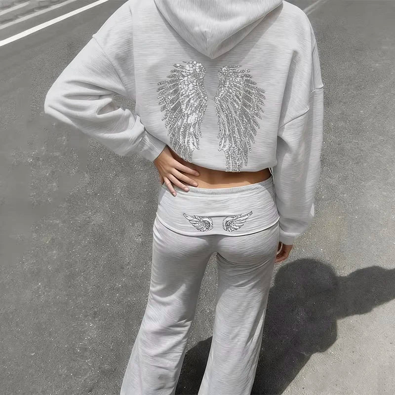 Spring autumn Women's Hoodie Trousers 2piece Set Solid Vintage Shiny Wing Print Long Sleeve Zip Up Casual Sweatshirt Streetwear