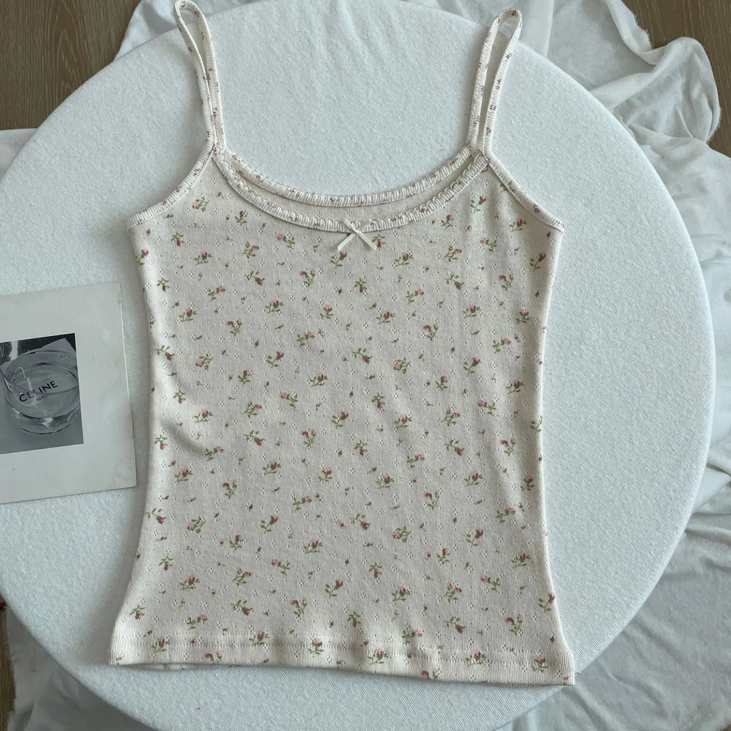 Floral Print Lace Trim Camis Women Summer New Bow Slim Sleeveless Crop Tops Vest Sweet Cute Sexy Preppy Style Tank Top Y2k Chic