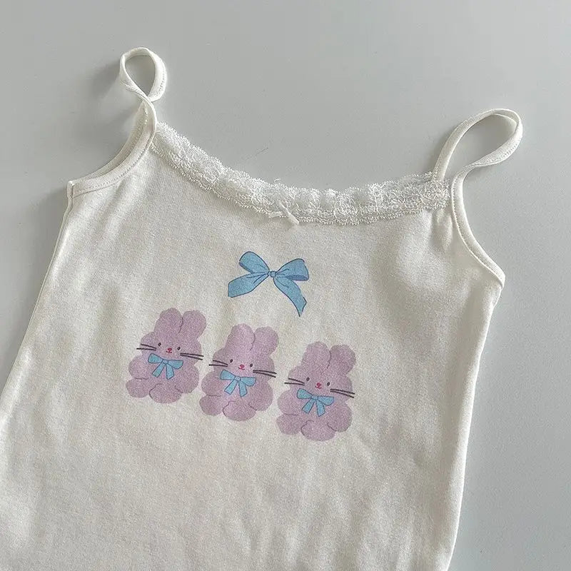 Cute Cartoon Lace Trim Tank Tops Women Summer New Slim Cotton Sleeveless Vests Vintage Sweet Preppy Style Camisole Y2K Clothes