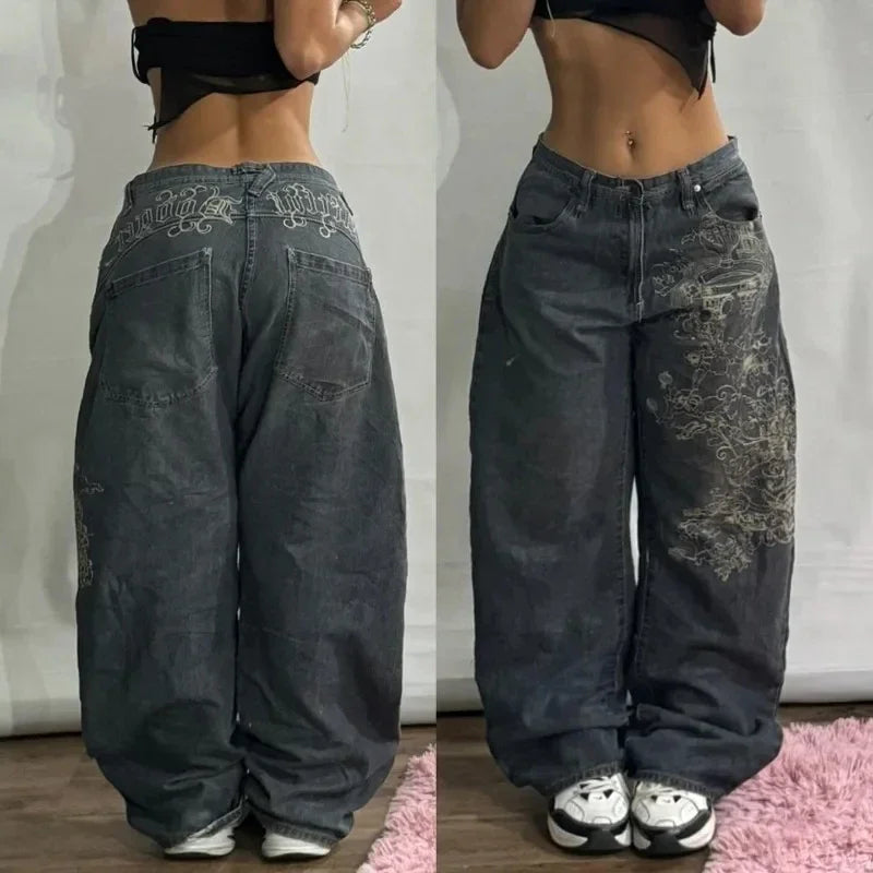 American Fashion Trend Joker Pattern Embroidered Loose Jeans Women Street Y2K New Hip Hop Oversized Wide-leg Pants Unisex Jeans