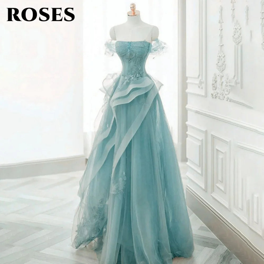 ROSES Sage Green Prom Dress Appliques Tulle Celebrity Dresses Tiered Pleat Women's Evening Dress Sweetheart Formal Gown 프롬 드