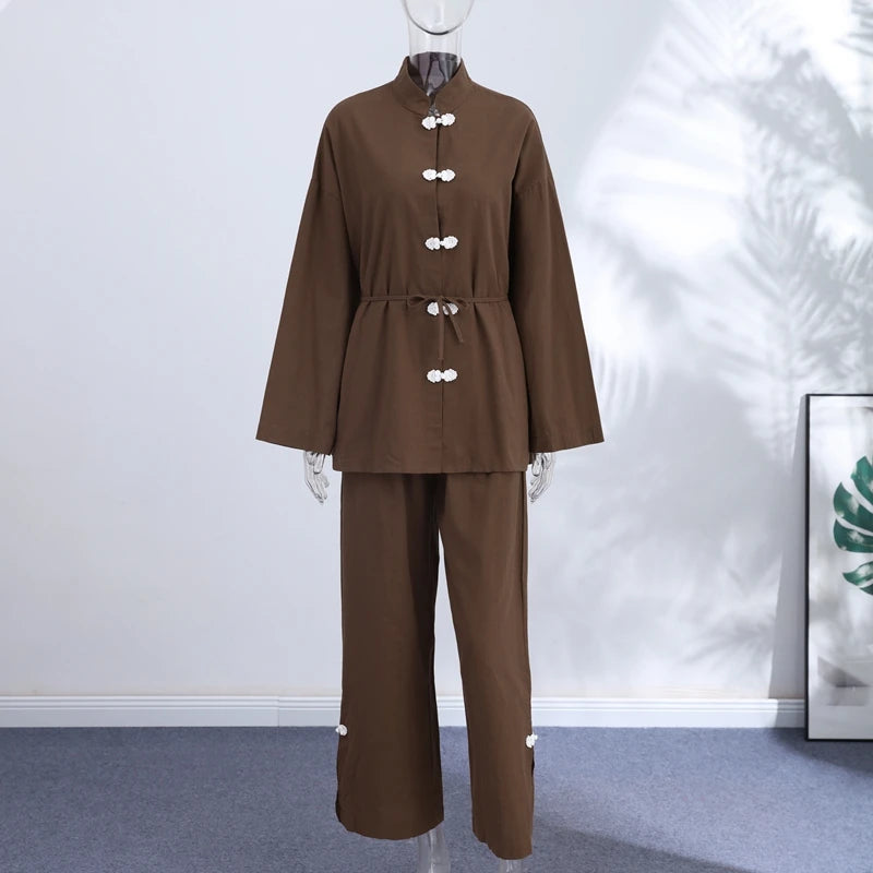 Cotton Lined Women's Pants Set Mandarin Collar Frog Button Full Sleeve Shirt Wide Leg Pant Suit Lady 2026 Spring Woman Outwear