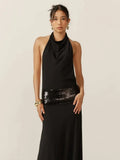 Sisterlinda Backless Fashion Dresses Elegant Halter Patchwork Draped Maxi Bodycon Female Solid Simple Evening Party Frock New