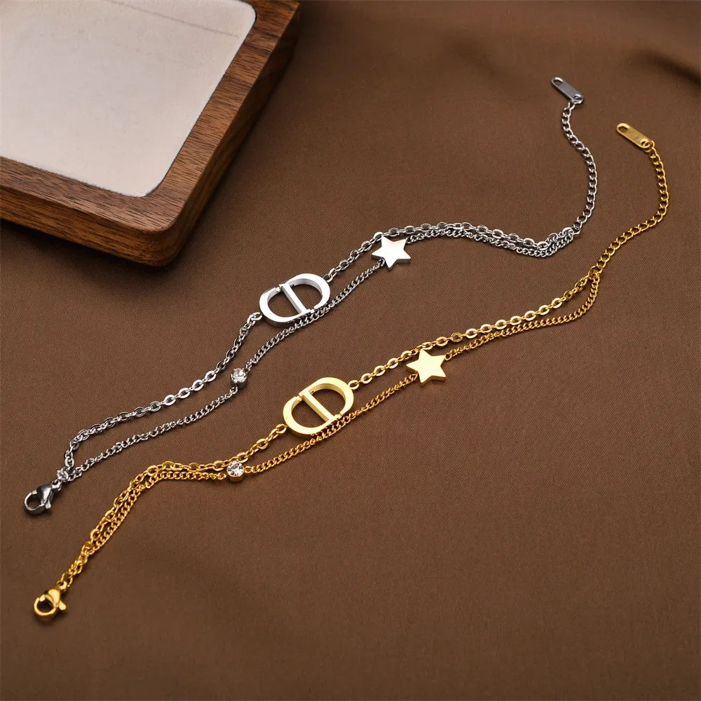 Fashionable Titanium Steel Double Layer Bracelet with Letter Star Design Simple Elegance Daily Wear Unique Style Hand Jewelry