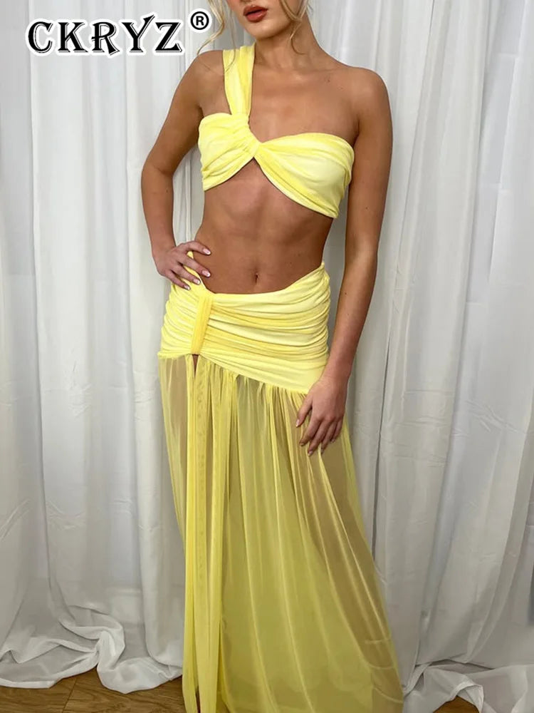 Ladies Summer Sexy Skirt Two Piece Sets Women One Shoulder Crop Top And Maxi Skirt Female Elegant Beach Club Party 2 Piece Set