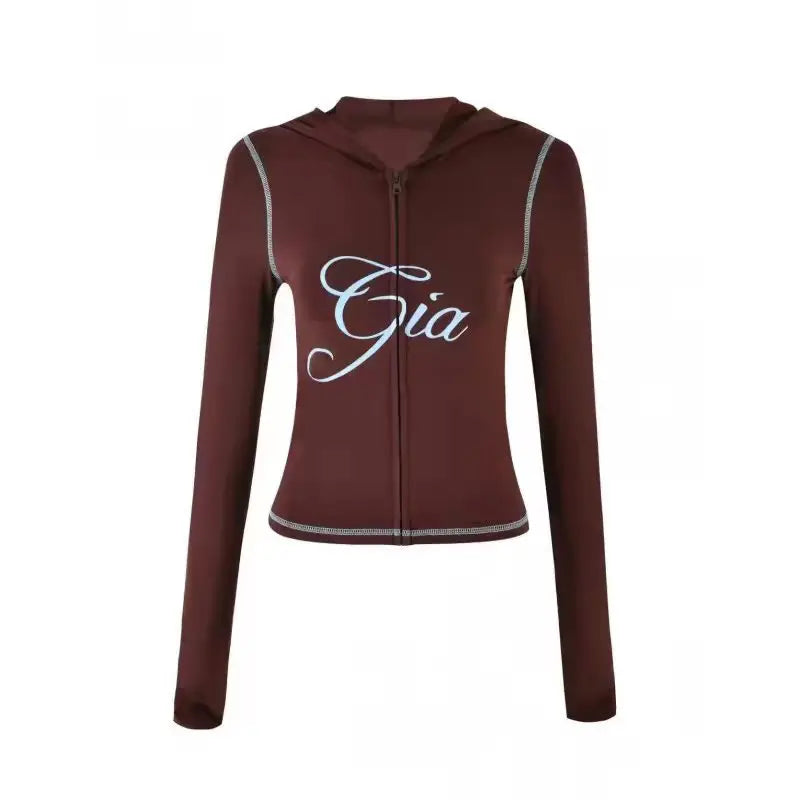 gia slim fit letter printed open thread design hooded zipper short jacket pants set