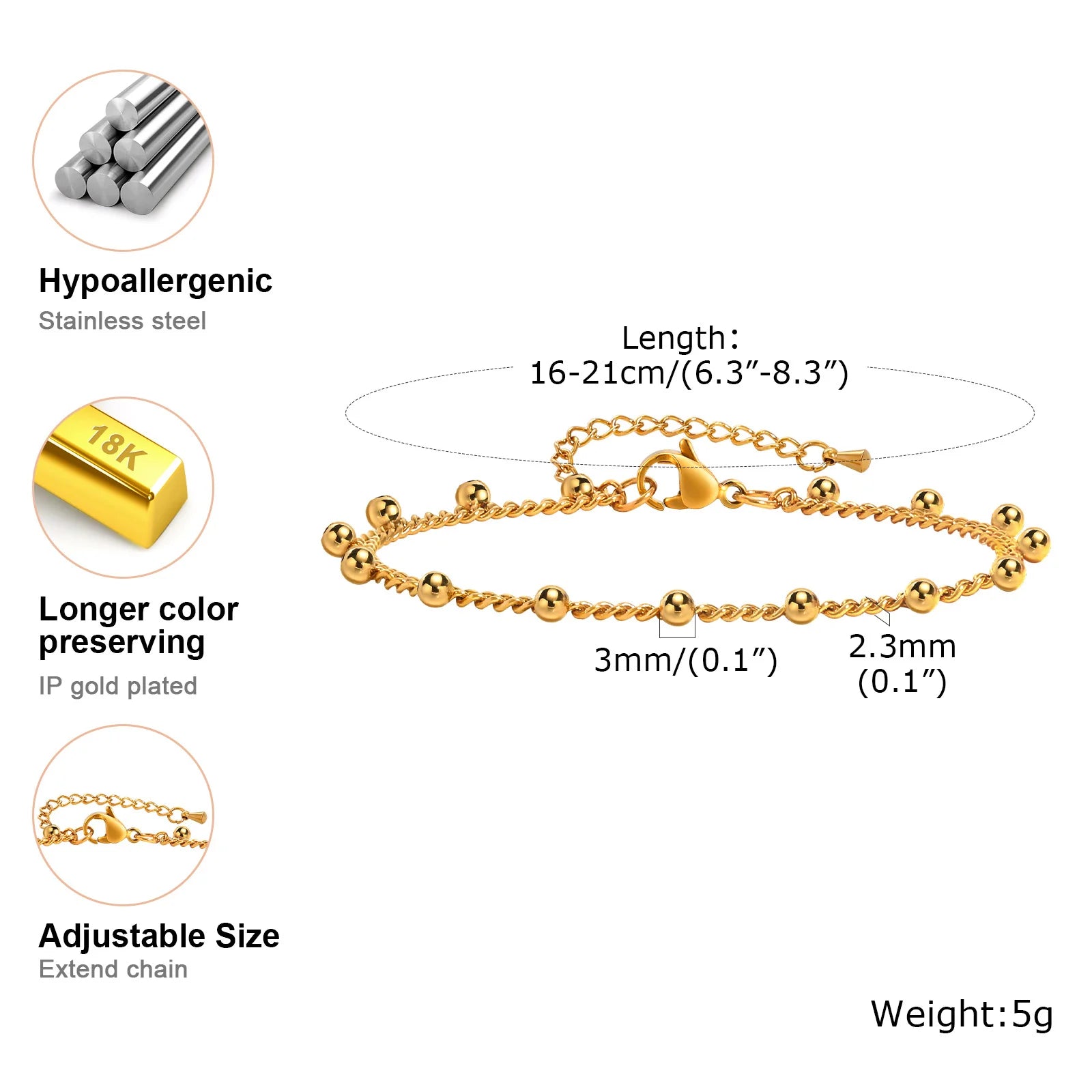 18K Gold Plated Link Bracelet for Women, Stainless Steel Stackable Chain Wristband, Adjustable Waterproof Jewelry